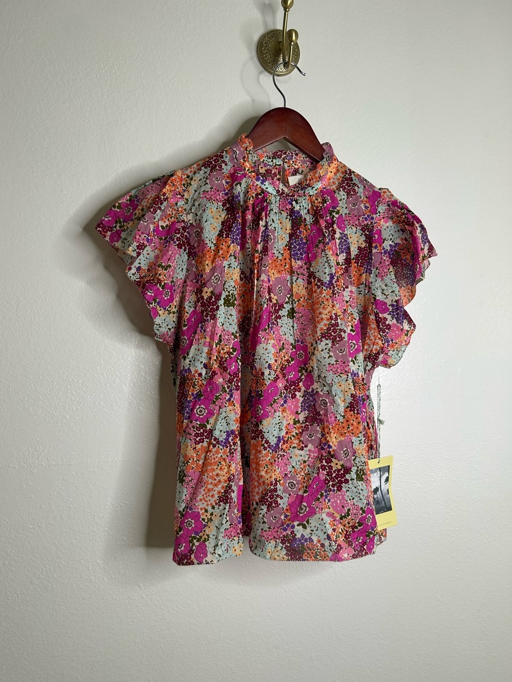 NWT Trovata 100% Cotton Carla High Neck Pink Multicolor Floral Blouse - Picture 2 of 16